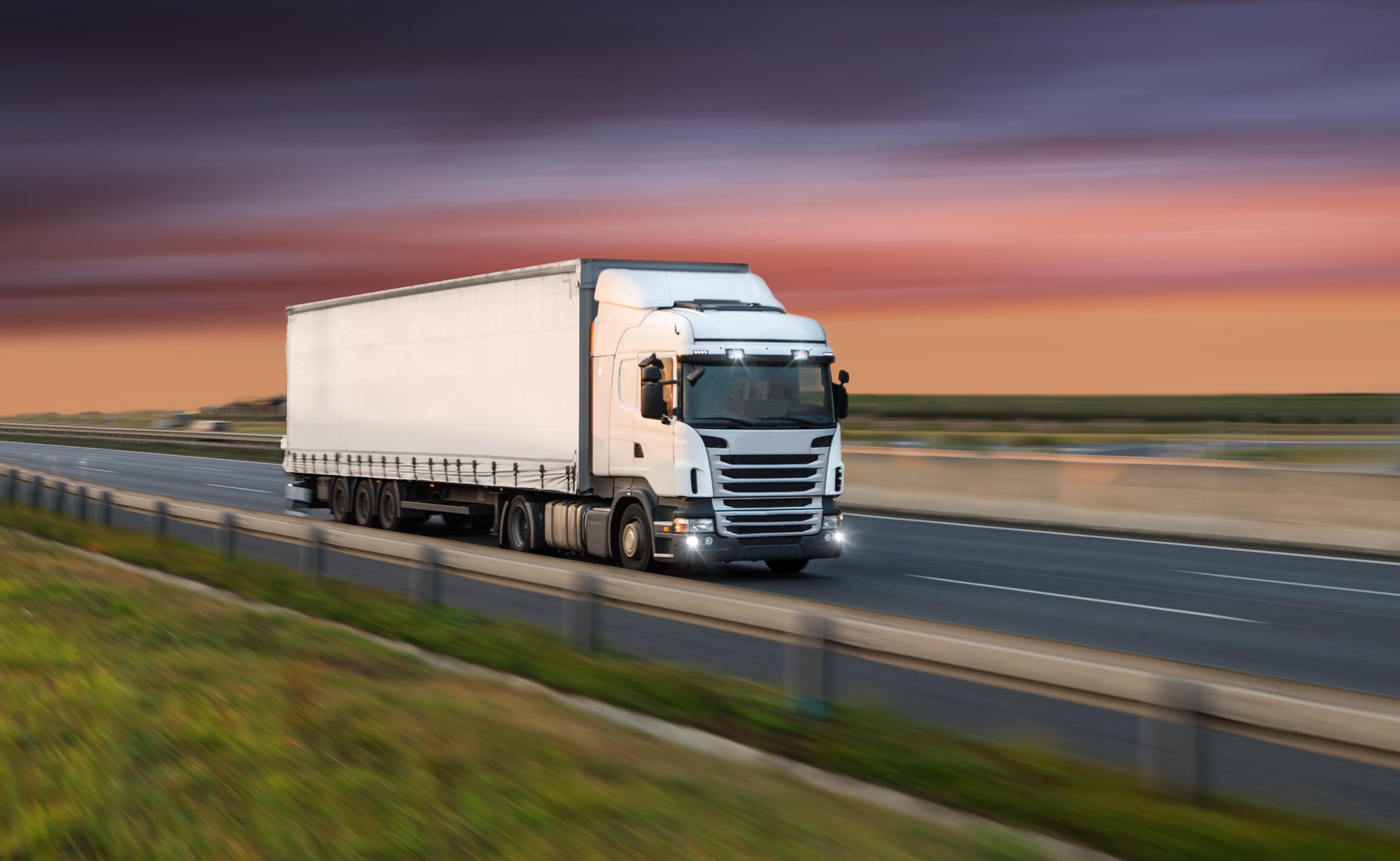 Truck with container on road, cargo transportation concept.